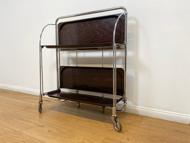 WMK # Kultiger & sehr gut erhaltener faltbarer 70er Jahre Servierwagen mit Chromgestell & auf Rollen # Teewagen Barwagen Beistelltisch Couchtisch Klapptisch Vintage Industrial Design Space Age Retro