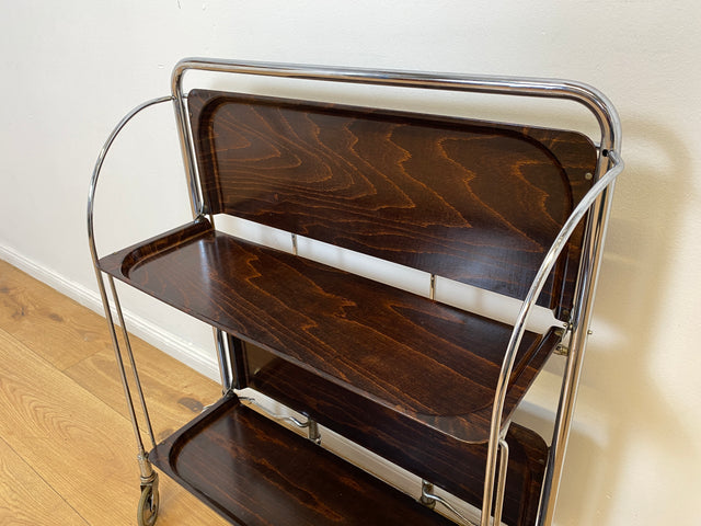 WMK # Kultiger & sehr gut erhaltener faltbarer 70er Jahre Servierwagen mit Chromgestell & auf Rollen # Teewagen Barwagen Beistelltisch Couchtisch Klapptisch Vintage Industrial Design Space Age Retro