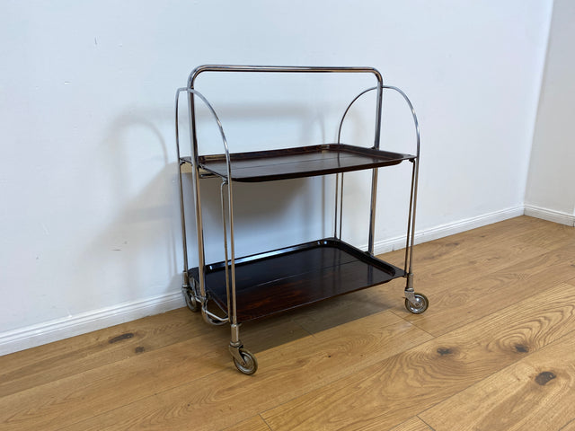 WMK # Kultiger & sehr gut erhaltener faltbarer 70er Jahre Servierwagen mit Chromgestell & auf Rollen # Teewagen Barwagen Beistelltisch Couchtisch Klapptisch Vintage Industrial Design Space Age Retro