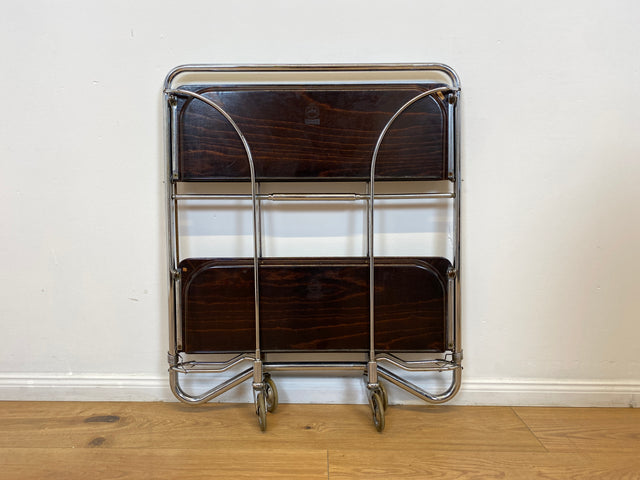 WMK # Kultiger & sehr gut erhaltener faltbarer 70er Jahre Servierwagen mit Chromgestell & auf Rollen # Teewagen Barwagen Beistelltisch Couchtisch Klapptisch Vintage Industrial Design Space Age Retro