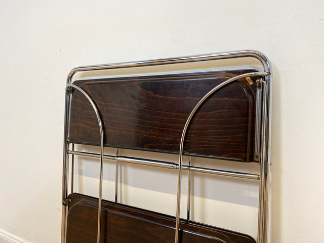 WMK # Kultiger & sehr gut erhaltener faltbarer 70er Jahre Servierwagen mit Chromgestell & auf Rollen # Teewagen Barwagen Beistelltisch Couchtisch Klapptisch Vintage Industrial Design Space Age Retro