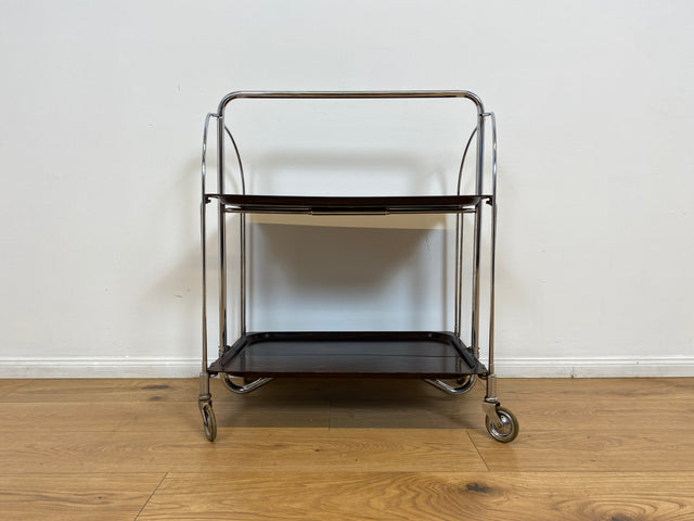 WMK # Kultiger & sehr gut erhaltener faltbarer 70er Jahre Servierwagen mit Chromgestell & auf Rollen # Teewagen Barwagen Beistelltisch Couchtisch Klapptisch Vintage Industrial Design Space Age Retro