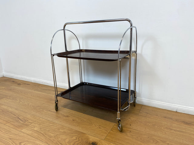 WMK # Kultiger & sehr gut erhaltener faltbarer 70er Jahre Servierwagen mit Chromgestell & auf Rollen # Teewagen Barwagen Beistelltisch Couchtisch Klapptisch Vintage Industrial Design Space Age Retro