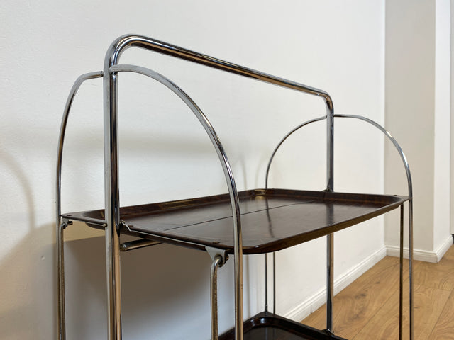 WMK # Kultiger & sehr gut erhaltener faltbarer 70er Jahre Servierwagen mit Chromgestell & auf Rollen # Teewagen Barwagen Beistelltisch Couchtisch Klapptisch Vintage Industrial Design Space Age Retro