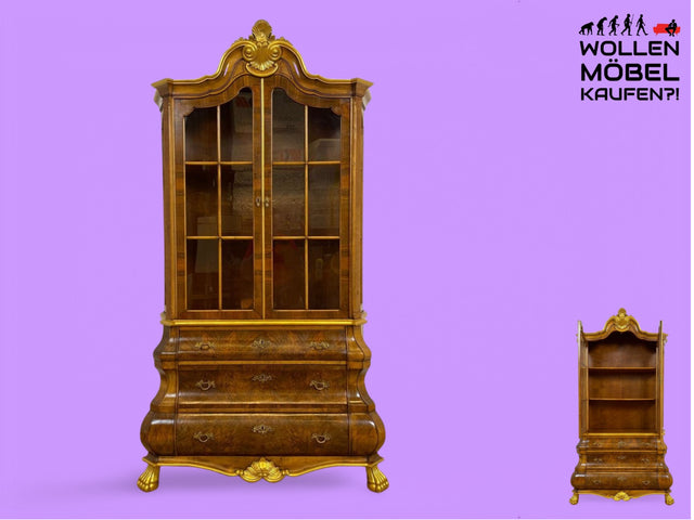 WMK # Pompöse und sehr gut erhaltene Stilmöbel Vitrine im Rokoko Stil mit feinen Intarsien, Gold Akzenten und Messingbeschlägen # Geschirrschrank Schrank Highboard Biedermeier Barock Vintage