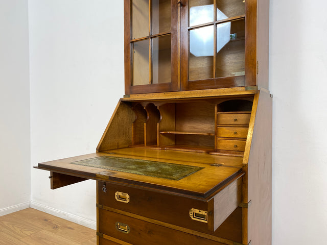WMK # Hochwertiger Vintage Schreibschrank in antikem Englischen Stil mit Vitrinen Aufsatz und Messingbeschlag # Sekretär Desk Schreibtisch Bücherschrank Büchervitrine Kommode Regency Empire Stilmöbel