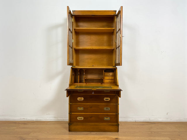 WMK # Hochwertiger Vintage Schreibschrank in antikem Englischen Stil mit Vitrinen Aufsatz und Messingbeschlag # Sekretär Desk Schreibtisch Bücherschrank Büchervitrine Kommode Regency Empire Stilmöbel