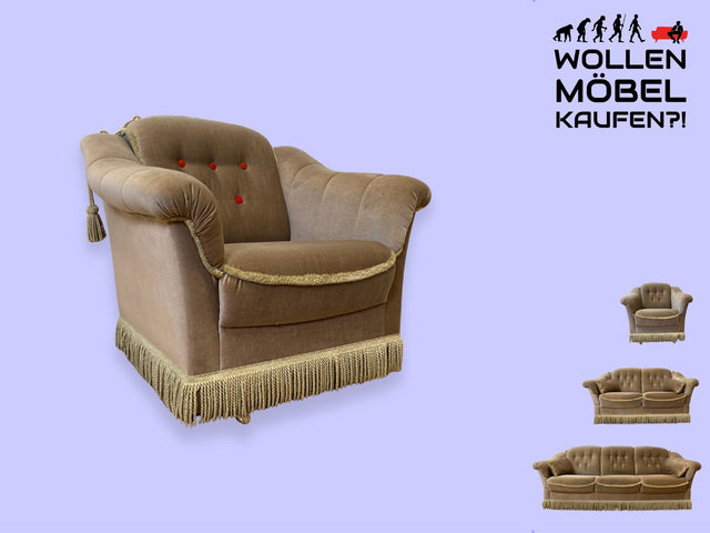 WMK I Äußerst gemütlicher und sehr gut erhaltener Vintage Sessel mit samtartigen beigen Originalbezug und Fransen I Lesesessel Armchair Sitzgarnitur Polstergarnitur Retro I Berlin Düsseldorf Hannover