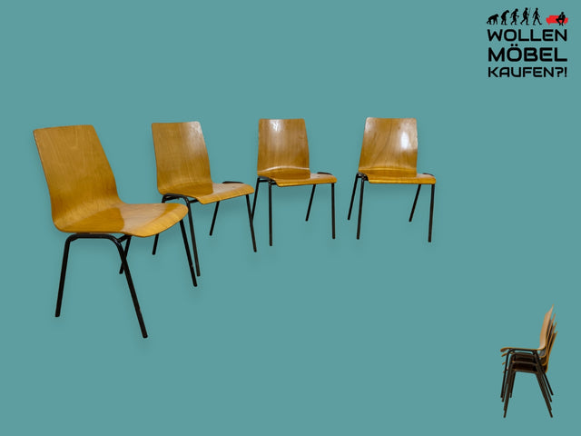 WMK I 4er Set besonders schöner Vintage Stapelstühle auf Metallgestell I Stühle Schulstühle Küchenstühle Esszimmerstühle Holzstühle Mid-Century Industrial Design 60er 70er Berlin Düsseldorf Erfurt