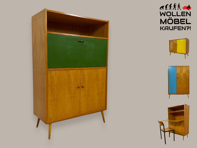 WMK I Rarer heller Mid-Century Schreibschrank in grüner Originalfarbe mit Messinggriffen I Sekretär Highboard Schrank Barschrank Bar Schreibtisch Bücherschrank Vintage 60er I Berlin Frankfurt Bayern