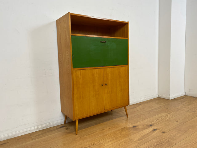 WMK I Rarer heller Mid-Century Schreibschrank in grüner Originalfarbe mit Messinggriffen I Sekretär Highboard Schrank Barschrank Bar Schreibtisch Bücherschrank Vintage 60er I Berlin Frankfurt Bayern