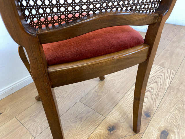 Set aus 4 wunderschönen 50er Jahre Chippendale Esszimmerstühlen mit Wiener Geflecht & bordeaux rotem Bezug I 4er Stühle Holzstühle Küchenstühle Mid-Century Vintage Barock I