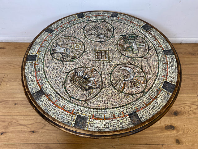 WMK I Sehr schöner runder großer Upcycling Couchtisch mit 30er Jahre Mosaik Tischplatte & neuen Hairpin Metallfüßen