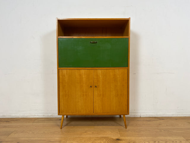WMK I Rarer heller Mid-Century Schreibschrank in grüner Originalfarbe mit Messinggriffen I Sekretär Highboard Schrank Barschrank Bar Schreibtisch Bücherschrank Vintage 60er I Berlin Frankfurt Bayern