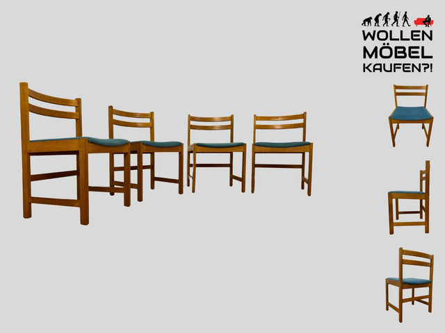 WMK I Set aus 4 minimalistischen skandinavischen Mid-Century Stühlen mit neuem Bezug in Petrolblau I 4er Esszimmerstühle Holzstühle Küchenstühle Dining Chairs Danish Design Vintage I Berlin Hessen NRW