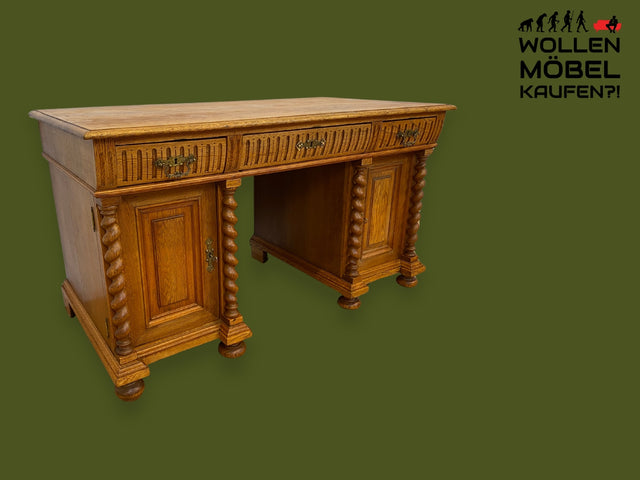 WMK I Imposanter und sehr gut erhaltener antiker Schreibtisch aus massiver Eiche mit Spiralsäulen I Chefschreibtisch Bürotisch Desk Herrenzimmer Sekretär Gründerzeit Neo-Barock Berlin Dresden Bayern