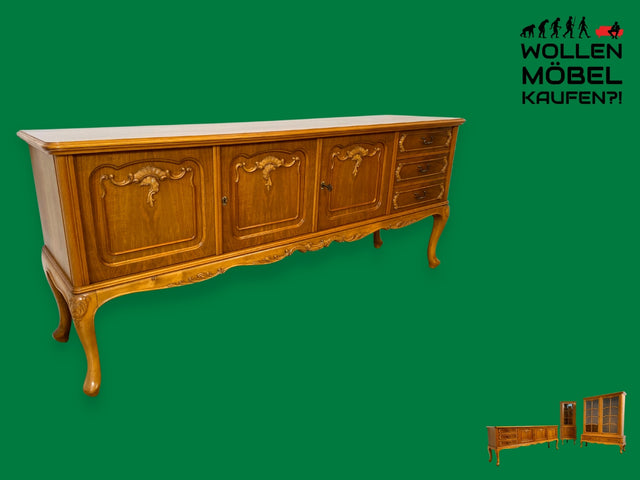 WMK I Hochwertiges handverziertes 60er Jahre Chippendale Sideboard in Nussbaum mit Schubladen I Schrank Anrichte Kommode Fernsehkommode TV Lowboard Bank Vintage Barock I Berlin Heidelberg Regensburg