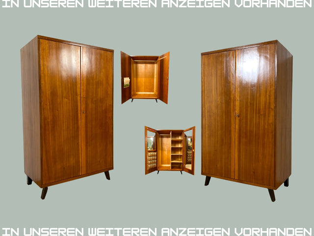 Hochwertiger 50er Jahre Kleiderschrank aus vollem Holz mit Spiegel und zeittypischen konischen Füßen I Schrank Wäscheschrank Schlafzimmerschrank Wardrobe Mid-Century 60er I