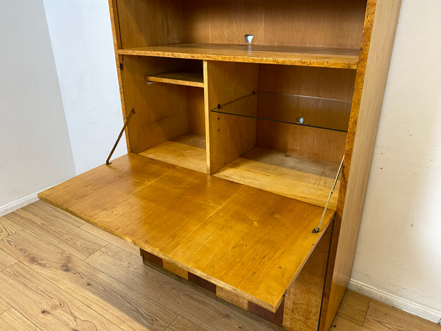 Hübscher 50er Jahre Schreibschrank aus vollem Holz in Maserbirke I Schrank Sekretär Schreibtisch Schreibkommode Highboard Bücherschrank Barschrank Vintage Mid-Century 60er I