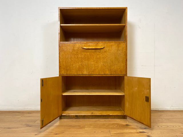 Hübscher 50er Jahre Schreibschrank aus vollem Holz in Maserbirke I Schrank Sekretär Schreibtisch Schreibkommode Highboard Bücherschrank Barschrank Vintage Mid-Century 60er I