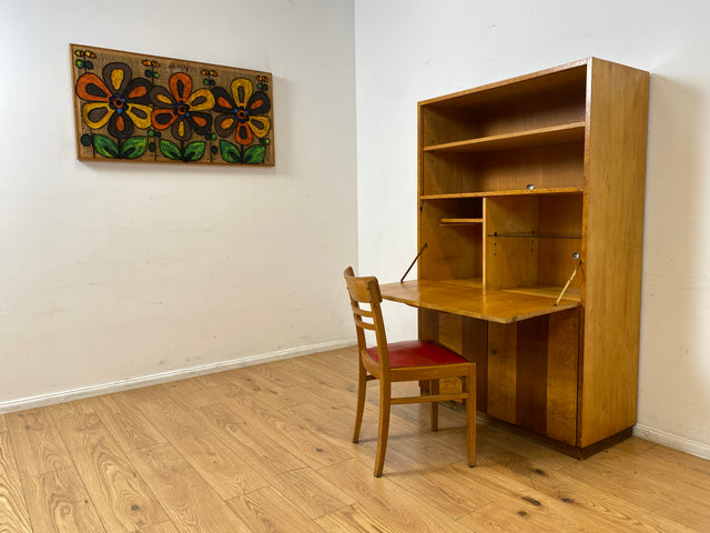 Hübscher 50er Jahre Schreibschrank aus vollem Holz in Maserbirke I Schrank Sekretär Schreibtisch Schreibkommode Highboard Bücherschrank Barschrank Vintage Mid-Century 60er I