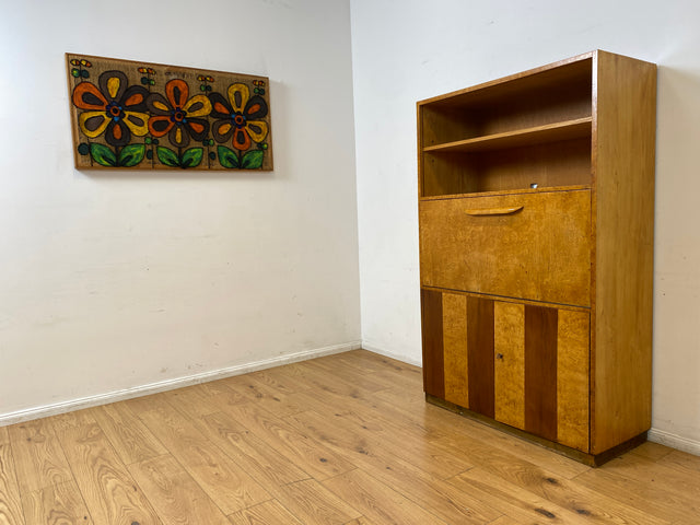 Hübscher 50er Jahre Schreibschrank aus vollem Holz in Maserbirke I Schrank Sekretär Schreibtisch Schreibkommode Highboard Bücherschrank Barschrank Vintage Mid-Century 60er I