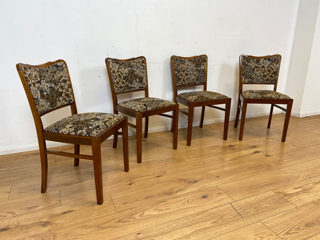 Set aus 4 eleganten und stabilen 50er Jahre Stühle mit floralem Originalbezug I 4er Esszimmerstühle Holzstühle Küchenstühle Dining Chairs Blumen Mid-Century Vintage 60er I