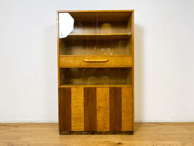 Schöne 50er Jahre Vitrine aus vollem Holz in Maserbirke I Schrank Glasvitrine Wohnzimmerschrank Highboard Bücherschrank Geschirrschrank Vintage Mid-Century 60er I