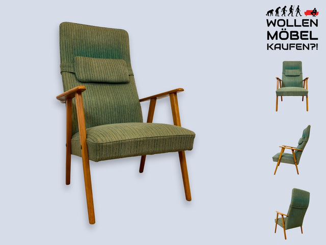 WMK I Stilvoller und sehr gut erhaltener 60er Jahre Sessel in grünem Originalbezug mit hoher Rückenlehne I Relaxsessel Lesesessel Armchair Loungesessel Mid-Century Vintage I Berlin Frankfurt Hamburg