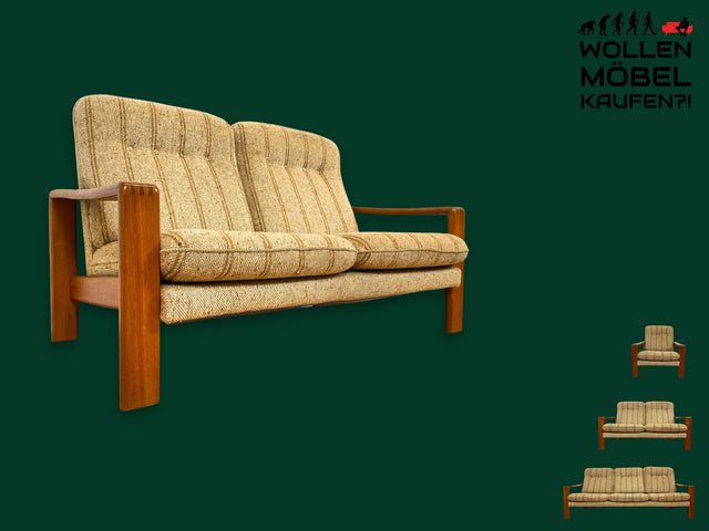 WMK I Stilvolles 70er Jahre Sofa in skandinavischem Design mit beigem Originalbezug & Holzrahmen I Couch 2-Sitzer 2er Sitzgarnitur Polstergarnitur 60er Mid-Century Vintage I Berlin Hannover München
