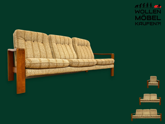 WMK I Stilvolles 70er Jahre Sofa in skandinavischem Design mit beigem Originalbezug & Holzrahmen I Couch 3-Sitzer 3er Sitzgarnitur Polstergarnitur 60er Mid-Century Vintage I Berlin Leipzig Frankfurt