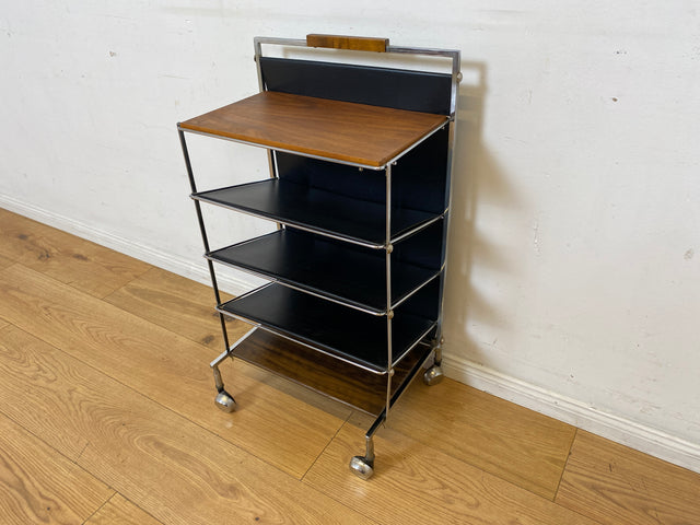 Stilvoller 70er Jahre Space Age Zeitungsständer auf Rollen aus Chrom , Leder & Nussbaum I Zeitungsablage Beistelltisch Ablage Couchtisch Regal Servierwagen Teewagen Vintage I