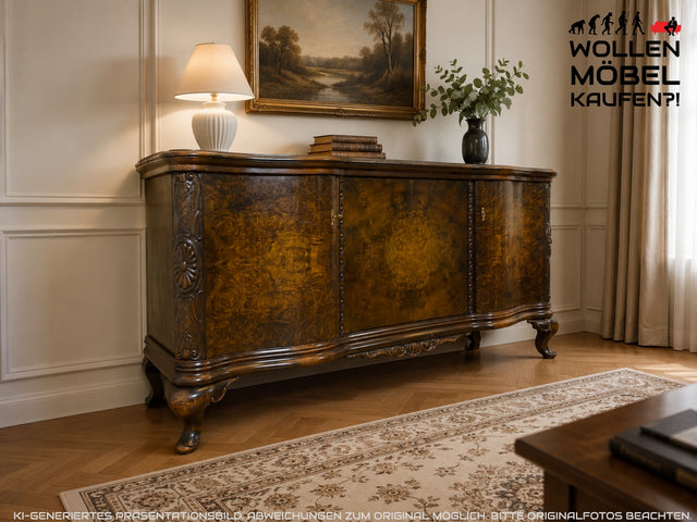 WMK I Elegante handverzierte antike Anrichte mit Schubladen und Marmor Ablage