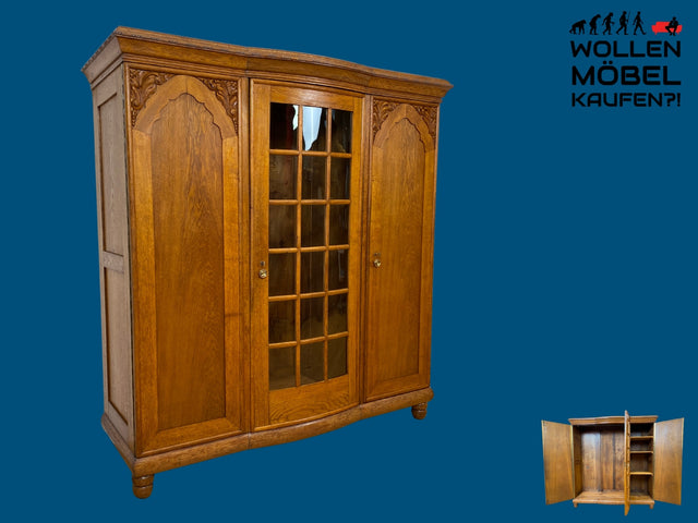 Imposanter und handverzierter antiker Kleiderschrank aus vollem Holz mit Glastür I Schrank Schlafzimmerschrank Wäscheschrank Wardrobe Bauernschrank Jugendstil Vintage I