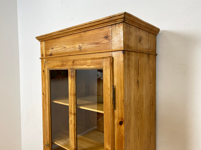 WMK I Eleganter antiker Schrank aus massivem Kiefernholz mit Glastüren & Schublade