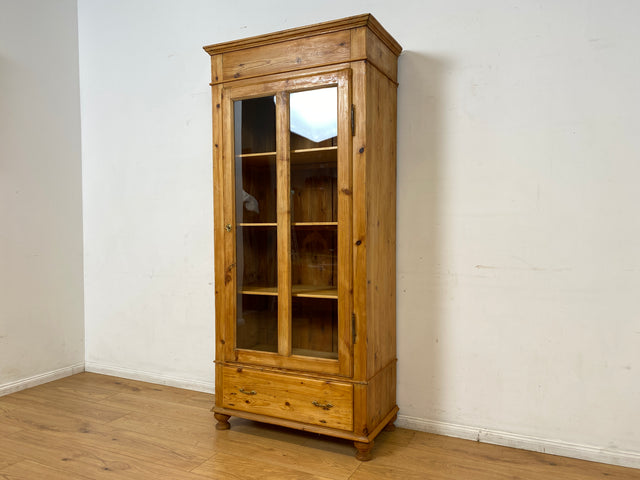 WMK I Eleganter antiker Schrank aus massivem Kiefernholz mit Glastüren & Schublade