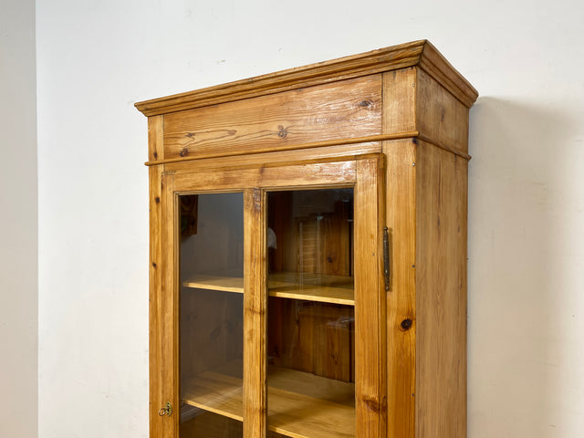 WMK I Eleganter antiker Schrank aus massivem Kiefernholz mit Glastüren & Schublade