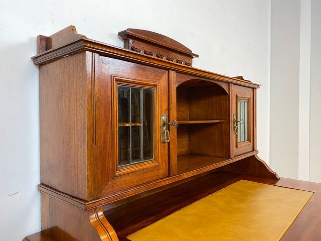 WMK I Imposanter antiker Schreibtisch , Vollholz, mit Aufsatz, Vitrine & Lederschreibunterlage I Aufsatzschreibtisch Sekretär Schreibschrank Desk Homeoffice Jugendstil Vintage I