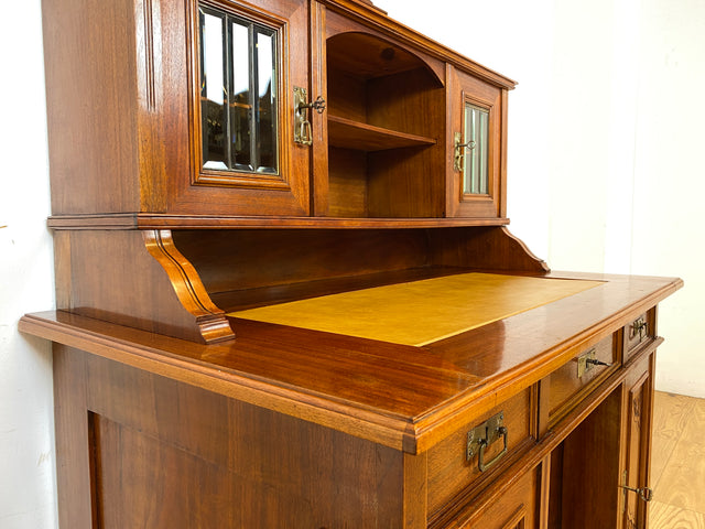 WMK I Imposanter antiker Schreibtisch , Vollholz, mit Aufsatz, Vitrine & Lederschreibunterlage I Aufsatzschreibtisch Sekretär Schreibschrank Desk Homeoffice Jugendstil Vintage I