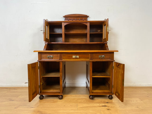 WMK I Imposanter antiker Schreibtisch , Vollholz, mit Aufsatz, Vitrine & Lederschreibunterlage I Aufsatzschreibtisch Sekretär Schreibschrank Desk Homeoffice Jugendstil Vintage I