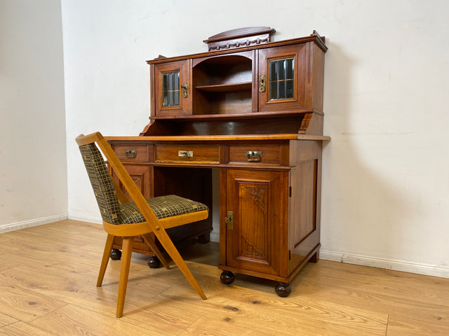 WMK I Imposanter antiker Schreibtisch , Vollholz, mit Aufsatz, Vitrine & Lederschreibunterlage I Aufsatzschreibtisch Sekretär Schreibschrank Desk Homeoffice Jugendstil Vintage I