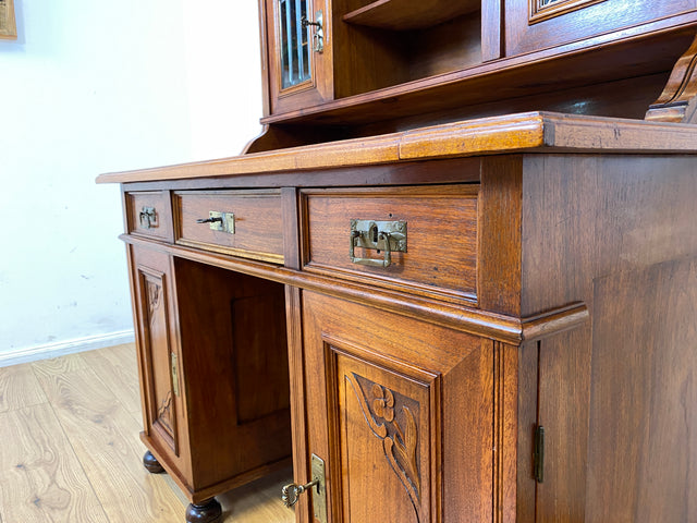 WMK I Imposanter antiker Schreibtisch , Vollholz, mit Aufsatz, Vitrine & Lederschreibunterlage I Aufsatzschreibtisch Sekretär Schreibschrank Desk Homeoffice Jugendstil Vintage I