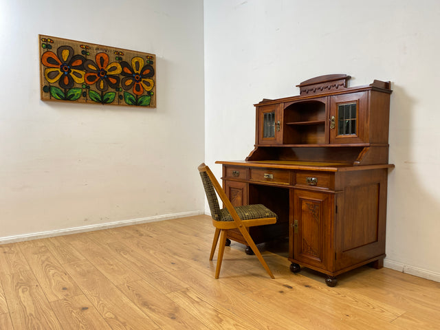 WMK I Imposanter antiker Schreibtisch , Vollholz, mit Aufsatz, Vitrine & Lederschreibunterlage I Aufsatzschreibtisch Sekretär Schreibschrank Desk Homeoffice Jugendstil Vintage I