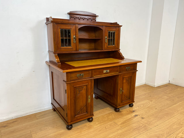 WMK I Imposanter antiker Schreibtisch , Vollholz, mit Aufsatz, Vitrine & Lederschreibunterlage I Aufsatzschreibtisch Sekretär Schreibschrank Desk Homeoffice Jugendstil Vintage I