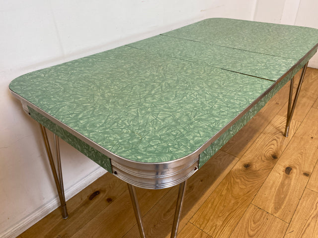 WMK I Kultiger ausziehbarer amerikanischer 50er Jahre Chromline Diner Table mit Resopal Tischplatte & Chrom Gestell
