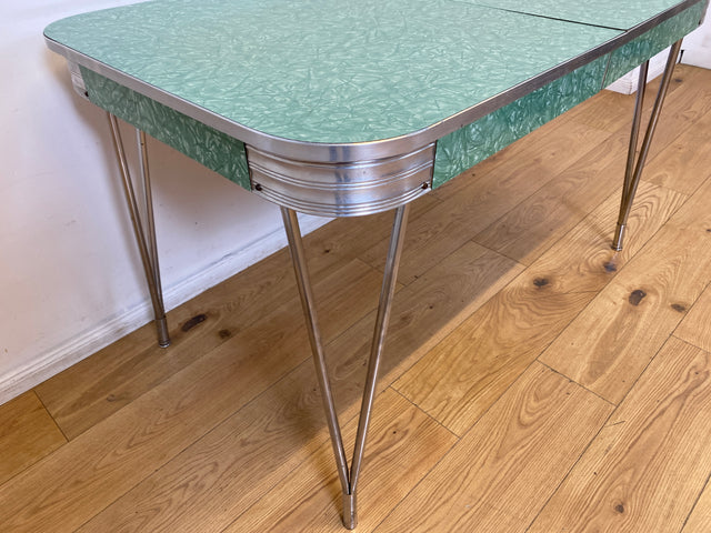 WMK I Kultiger ausziehbarer amerikanischer 50er Jahre Chromline Diner Table mit Resopal Tischplatte & Chrom Gestell