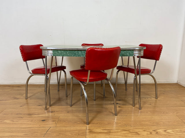 WMK I Kultiger ausziehbarer amerikanischer 50er Jahre Chromline Diner Table mit Resopal Tischplatte & Chrom Gestell