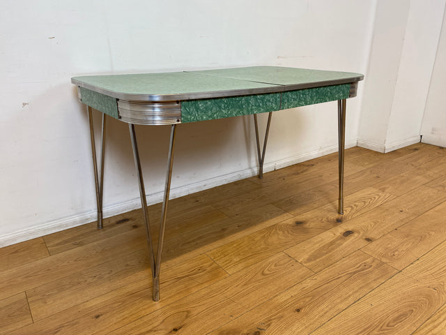 WMK I Kultiger ausziehbarer amerikanischer 50er Jahre Chromline Diner Table mit Resopal Tischplatte & Chrom Gestell