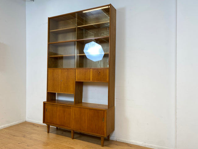 WMK I Hochwertiger großer Mid-Century Bücherschrank I Vollholz in Eiche I mit Vitrine und Schiebetüren I Highboard Büchervitrine Regalwand Eckregal Eckschrank Regal Wohnwand Vintage 50er 60er