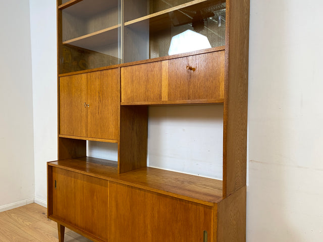 WMK I Hochwertiger großer Mid-Century Bücherschrank I Vollholz in Eiche I mit Vitrine und Schiebetüren I Highboard Büchervitrine Regalwand Eckregal Eckschrank Regal Wohnwand Vintage 50er 60er